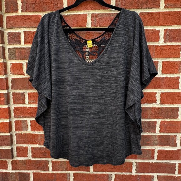 Just Kate Boho Top Large Black Heather Gray Crochet Back Loose Fit Festival - Picture 2 of 8